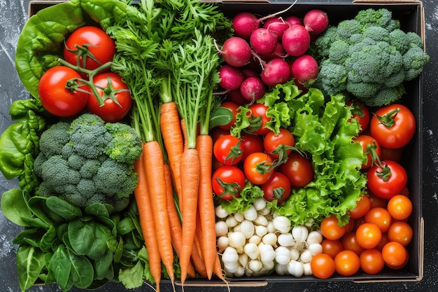 Photo fresh fruits and vegetables in the box advertising food photography