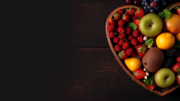 Fresh fruits and vegetables food for heart health wellness in heart shape dish Generative AI