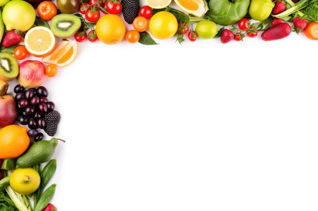 fresh fruits and vegetables frame on white background