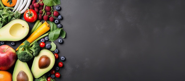 Fresh fruits and vegetables on a grey background representing healthy eating taken from a flat