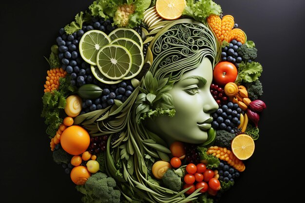 Foto frutta e verdura fresca per un'alimentazione sana e una dieta vegetariana in forma di testa femminile