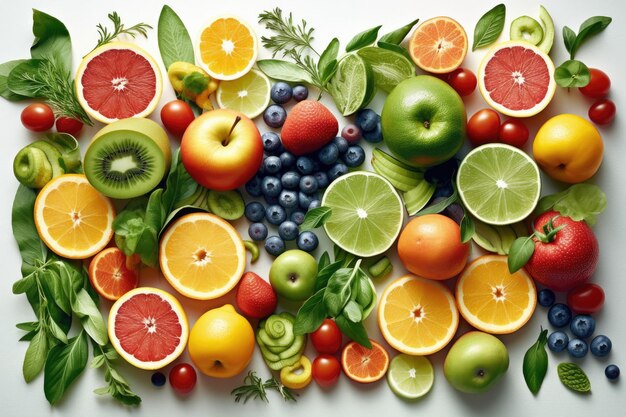 Fresh fruits and vegetables healthy food spread apart isolated flat lay from above white background Generative AI