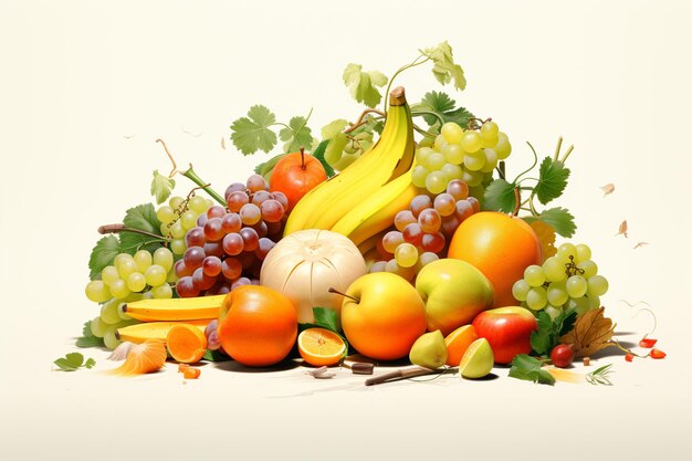 Fresh fruits and vegetables isolated on white background Healthy food concept
