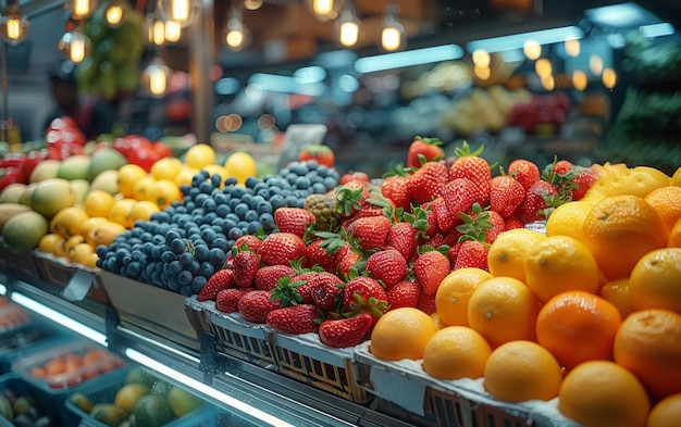 Foto frutta e verdura fresca alla bancarella del mercato