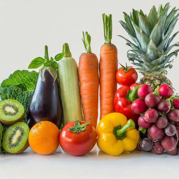 Fresh fruits and vegetables in a row on white background