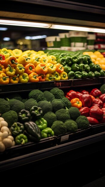 Fresh fruits and vegetables on shelf in supermarket