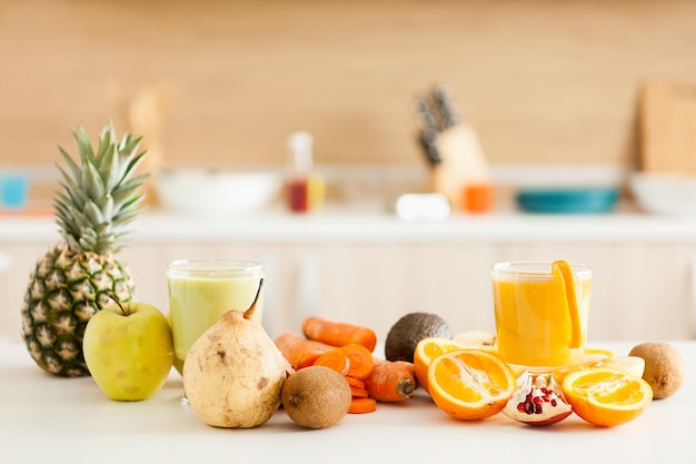 Fresh fruits, vegetables and smoothies in the home kitchen