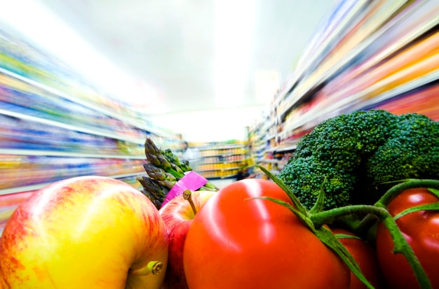 Fresh fruits and vegetables in a supermarket.