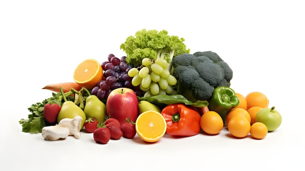 Свежие фрукты и овощи на белом фоне