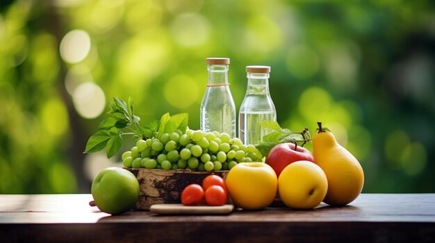 Свежие фрукты и овощи с бутылкой воды на деревянном столе в саду.