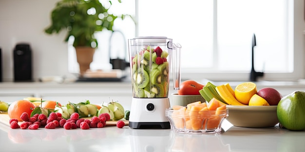 Fresh fruits and vegetables with modern automatically mixer on table for making smoothie and juice