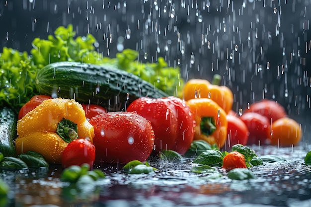 Свежие фрукты или овощи с каплями воды создают всплеск рекламной фотографии еды