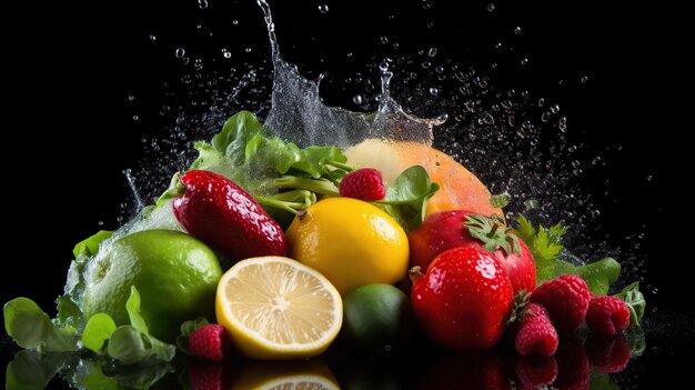 Photo fresh fruits and vegetables with water splashes black background