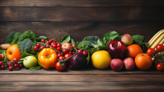 Fresh fruits and vegetables on wood side space for copy