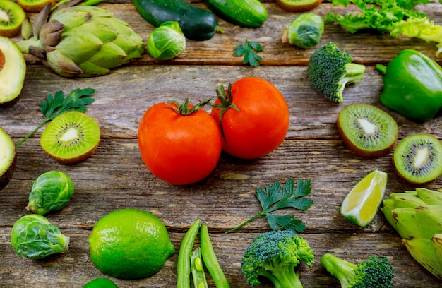 Fresh fruits and vegetables on wood table