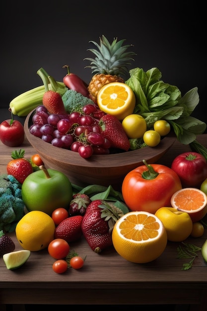 Photo fresh fruits and vegetables on a wooden table healthy food concept