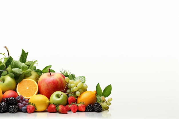 Fresh fruits on a white background with space for text Healthy food concept