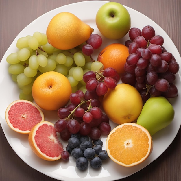갈색 나무 배경의 흰색 접시에 있는 신선한 과일 Top view