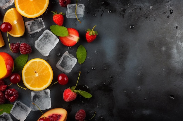 Фото Свежие фрукты с кубиками льда на фоне мела ai генеративный