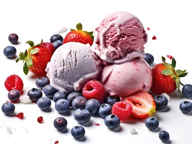 Fresh fruits with scoops of creamy ice cream with raspberry blueberries and strawberries