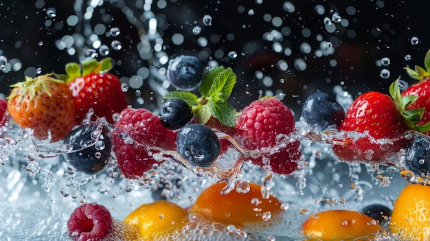 Fresh fruits with water splash on black background Strawberry raspberry blueberry and melon