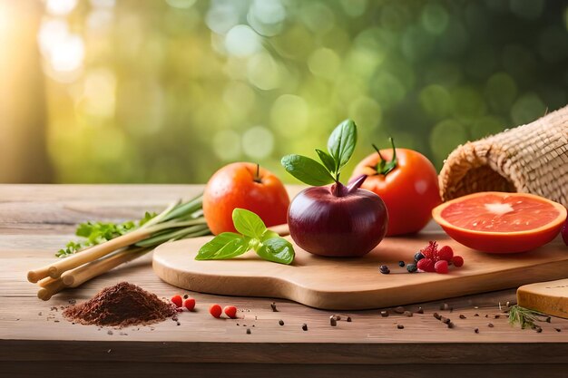 Foto frutta fresca su una tavola di legno con la parola organica su di essa