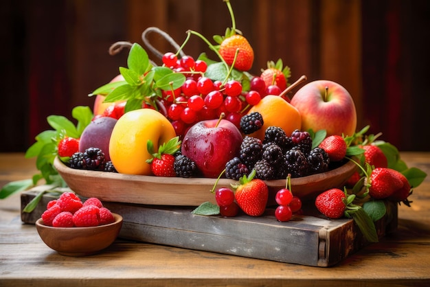 Foto frutta fresca in una scatola di legno su un tavolo di legno rustico ai generativa