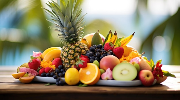 Fresh fruits on a wooden table with a pineapple in the middle ai