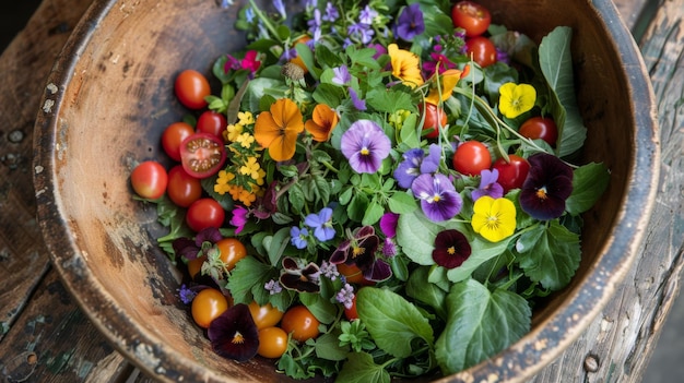 Fresh Garden Salad with Edible Flowers on Rustic Table