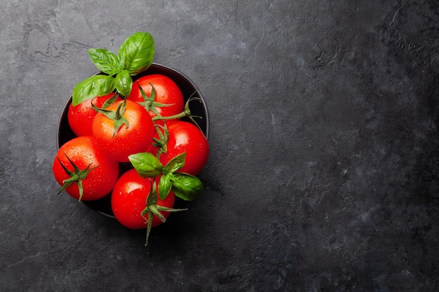 Fresh garden tomatoes and basil leaves