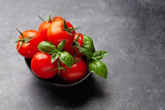 Fresh garden tomatoes and basil leaves