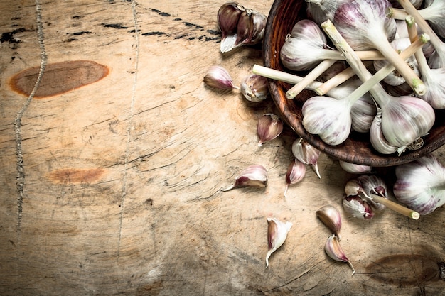 Fresh garlic in a bowl. on wooden background.