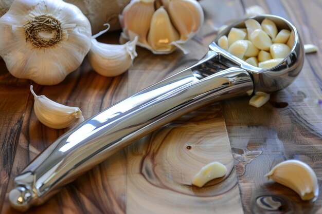 Photo fresh garlic cloves and garlic oil on cutting board