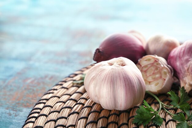 Fresh garlic on table closeup