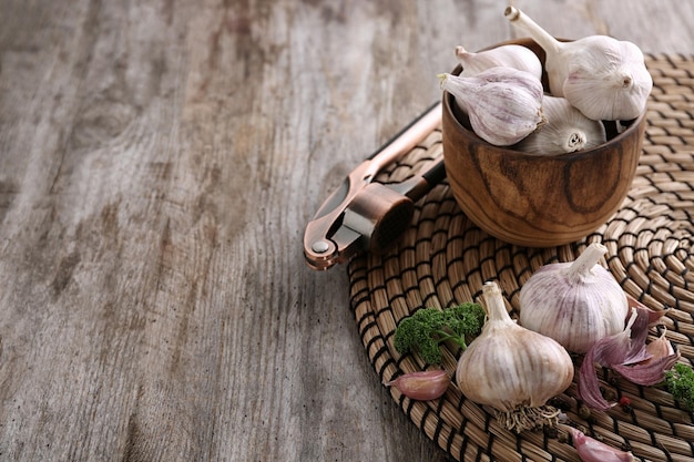 Fresh garlic on wicker mat