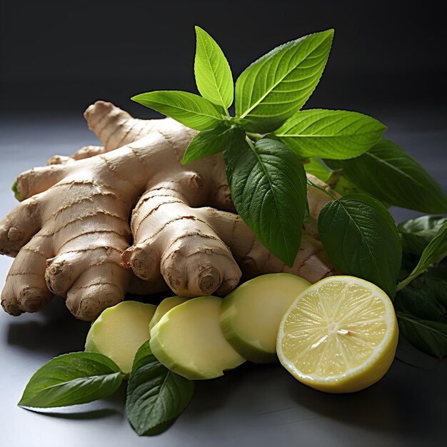 Photo fresh ginger and leaves with leaf on white background