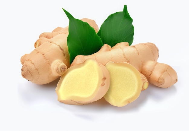 Fresh ginger rhizome with sliced and green leaves isolated on white background