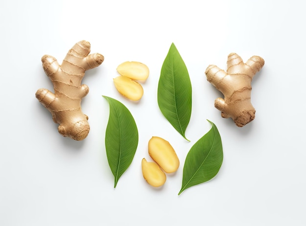 Fresh ginger rhizome with sliced and green leaves isolated on white background