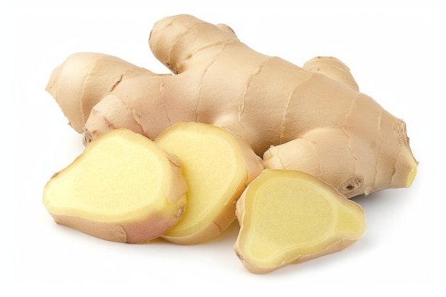 Fresh ginger rhizome with sliced isolated on white background