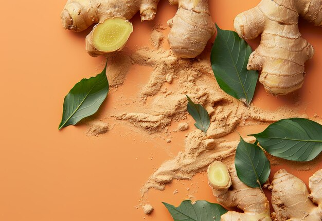 Fresh ginger root and green leaves on brown background