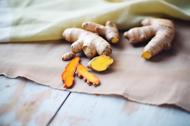 Foto radice di zenzero fresca e curcuma su tela di sacco