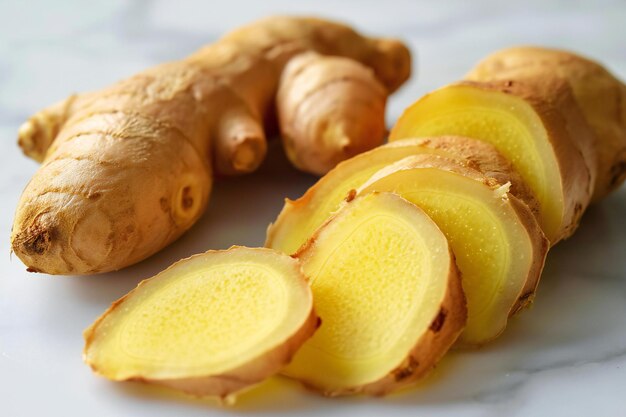 Fresh ginger root on a white marble table shallow dof