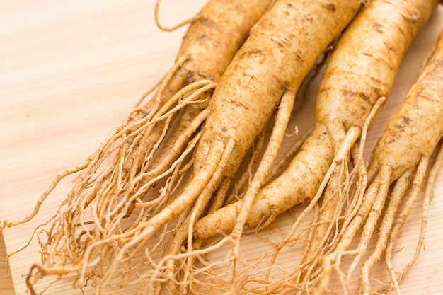 Fresh Ginseng over wood background