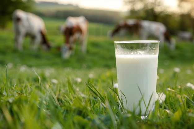 fresh glass of milk in the meadow with cows grazing in background