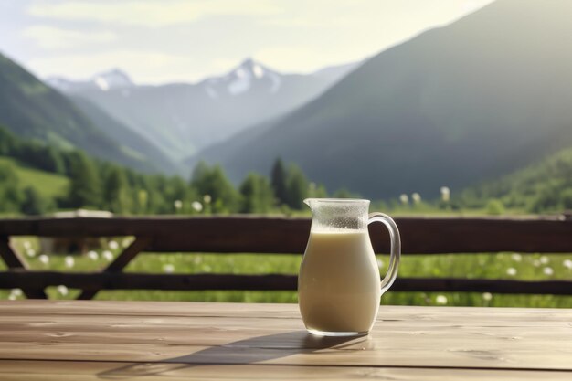 Fresh glass of milk on wooden table with summer mountains on background illustration of healthy rustic lifestyle