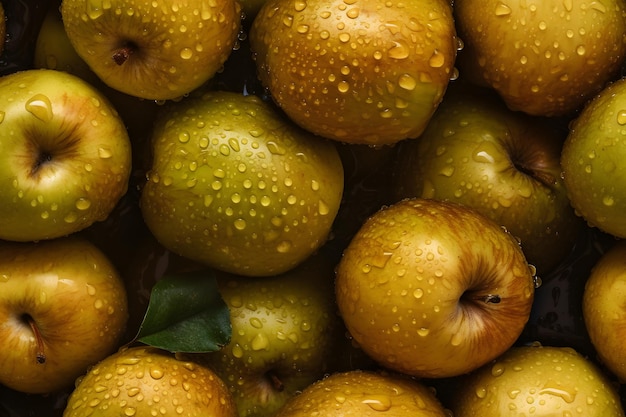 Fresh golden apples with water drops seamless closeup background and texture Neural network generated in May 2023 Not based on any actual person scene or pattern