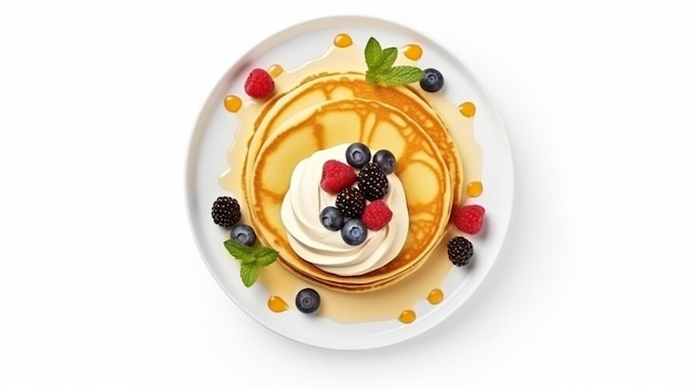 Fresh golden pancakes with cream and chocolate fruit
