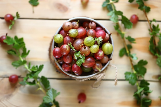 Fresh gooseberries in a bowl on a wooden surface