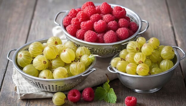 Fresh gooseberries and raspberries in colanders summer berries