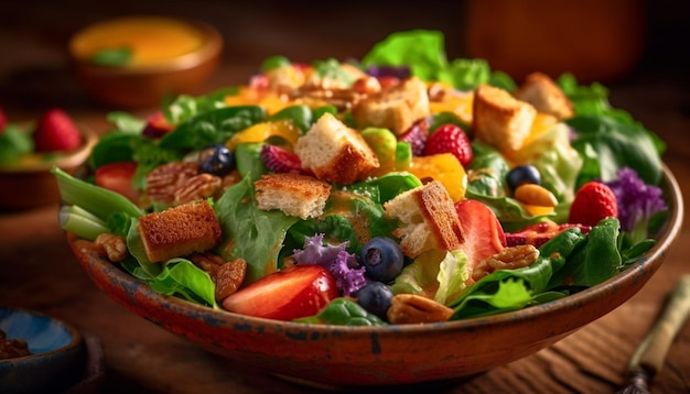 Fresh gourmet Caesar salad on rustic wood plate generated by AI